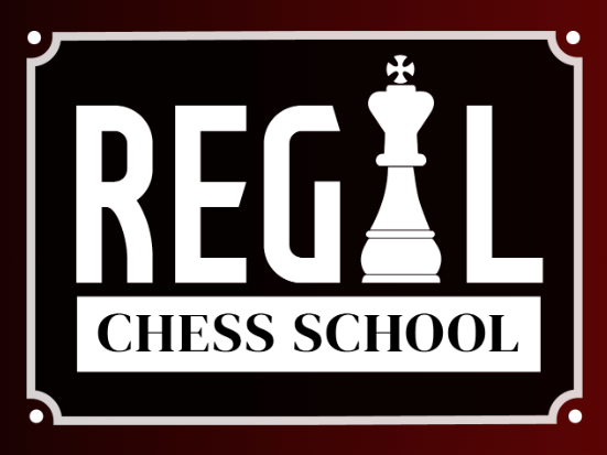 The logo for regal chess school has a chess piece on it