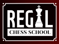 The logo for regal chess school has a chess piece on it