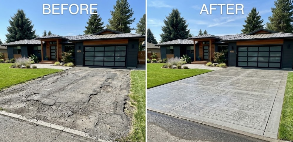Before and after comparison of old asphalt driveway replaced with new concrete driveway installation