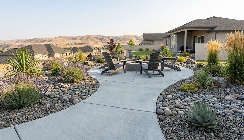 A concrete patio with a fire pit and three chairs overlooks a desert landscape near suburban houses.