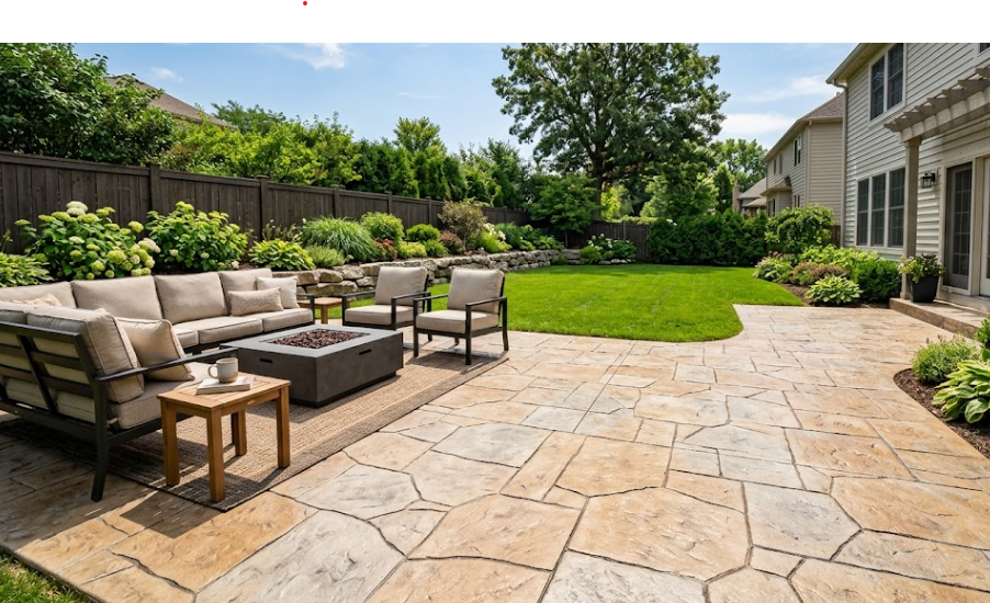 A beautiful stamped concrete patio built by Kennewick Concrete King featuring a natural flagstone look in a sunny backyard.