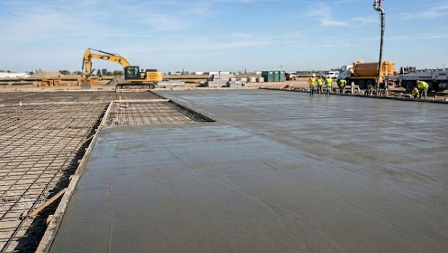 Professional concrete contractors in Kennewick, WA, smoothing and finishing a large commercial concrete foundation.