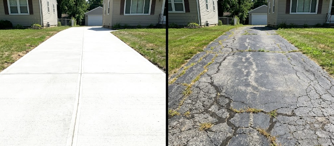 A side-by-side comparison of a clean, durable concrete driveway next to a cracked and worn asphalt driveway.