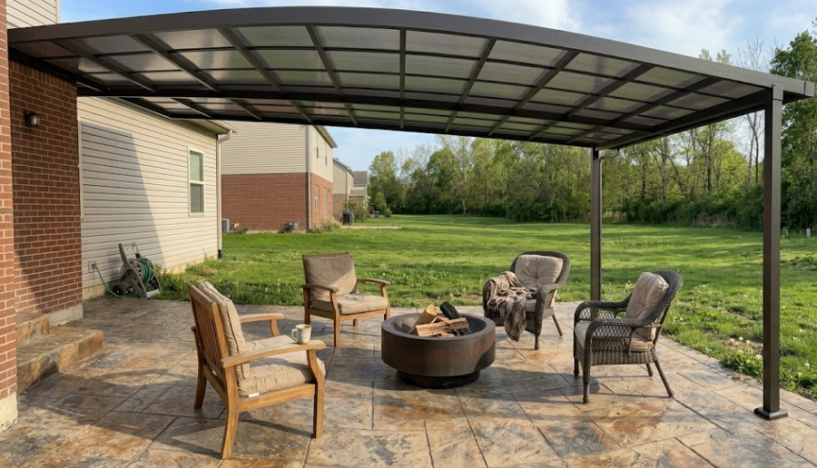 Custom stamped concrete patio in Kennewick WA featuring a fire pit and outdoor seating.