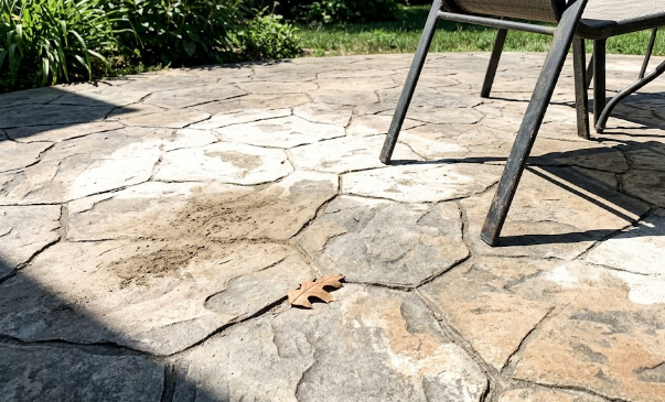 A beautiful custom stamped concrete patio featuring a natural slate stone pattern for a backyard in Spokane.