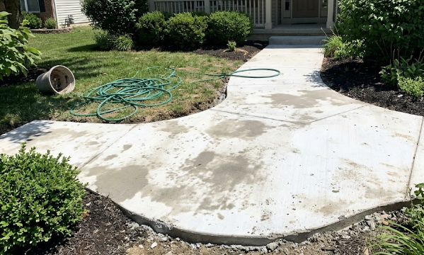 A smooth and safe concrete walkway winding through a beautifully landscaped yard in Washington.