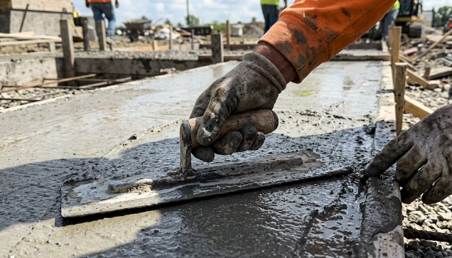 Professional concrete contractor smoothing wet cement with a hand trowel