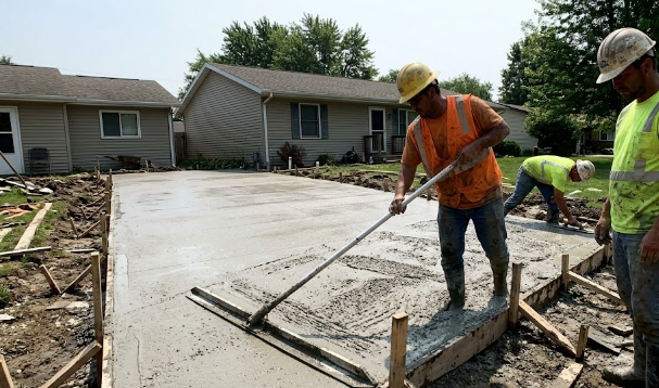 Kennewick Concrete King contractors professionally installing a new, long-lasting residential concrete driveway.