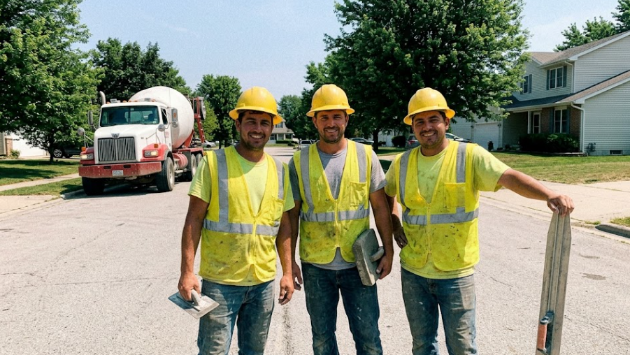 Friendly team of local concrete contractors in Tri-Cities WA smiling and holding concrete tools.