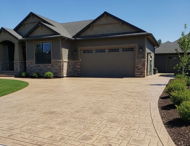 A single-story suburban house with a tan stamped concrete driveway, stone accents, and dark brown siding under a blue sky.