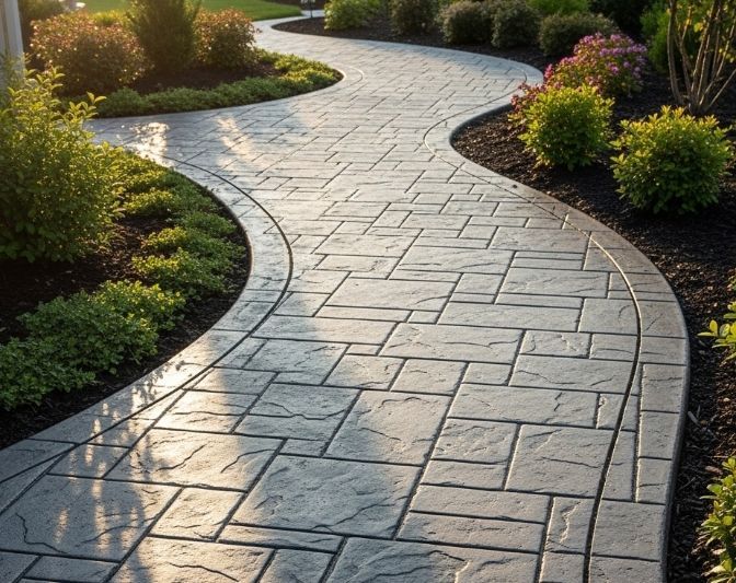 A winding concrete walkway with a patterned stone texture surrounded by lush green shrubs and garden beds.