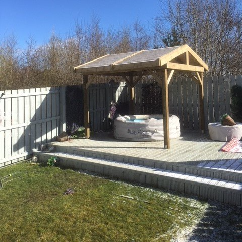 Garden shed office and landscaped garden