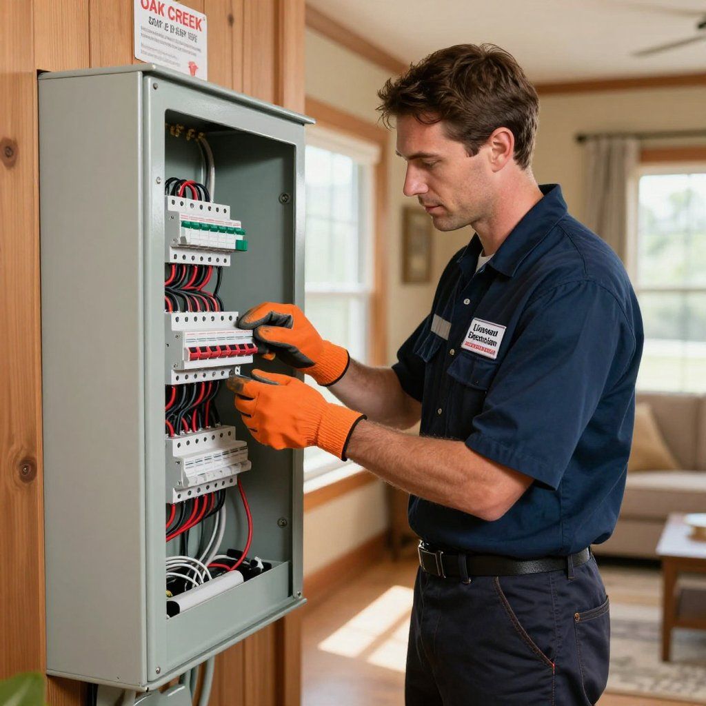 Electrician wearing gloves working on electrical panel indoors.