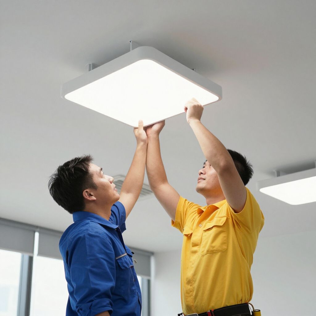 Two people installing a square ceiling light in a white room. One wears a blue shirt, the other a yellow shirt.