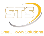 STS Small Town Solutions logo with gold and gray swoosh on white background