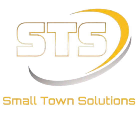 STS Small Town Solutions logo with gold and gray swoosh on white background