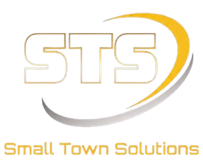 STS Small Town Solutions logo with gold and gray swoosh on white background