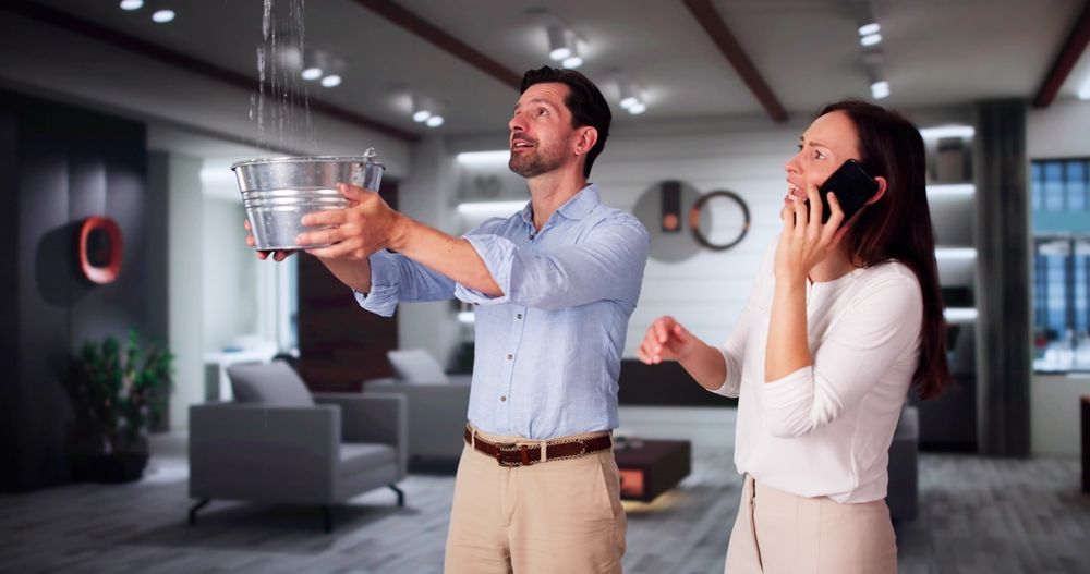Man holding bucket under a ceiling leak; woman on phone, looking concerned in a modern living room.
