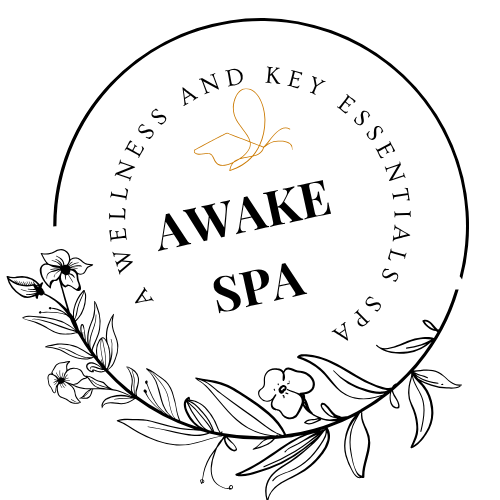 Logo for Awake Spa, a wellness spa. Features text within a circle, with floral and butterfly accents.
