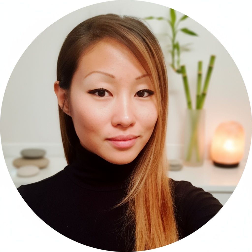 Woman with long, light-brown hair, wearing black turtleneck; background with bamboo, stones, and a lit salt lamp.