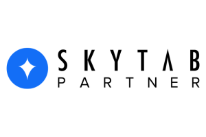 A blue and white logo for Skytab on a white background