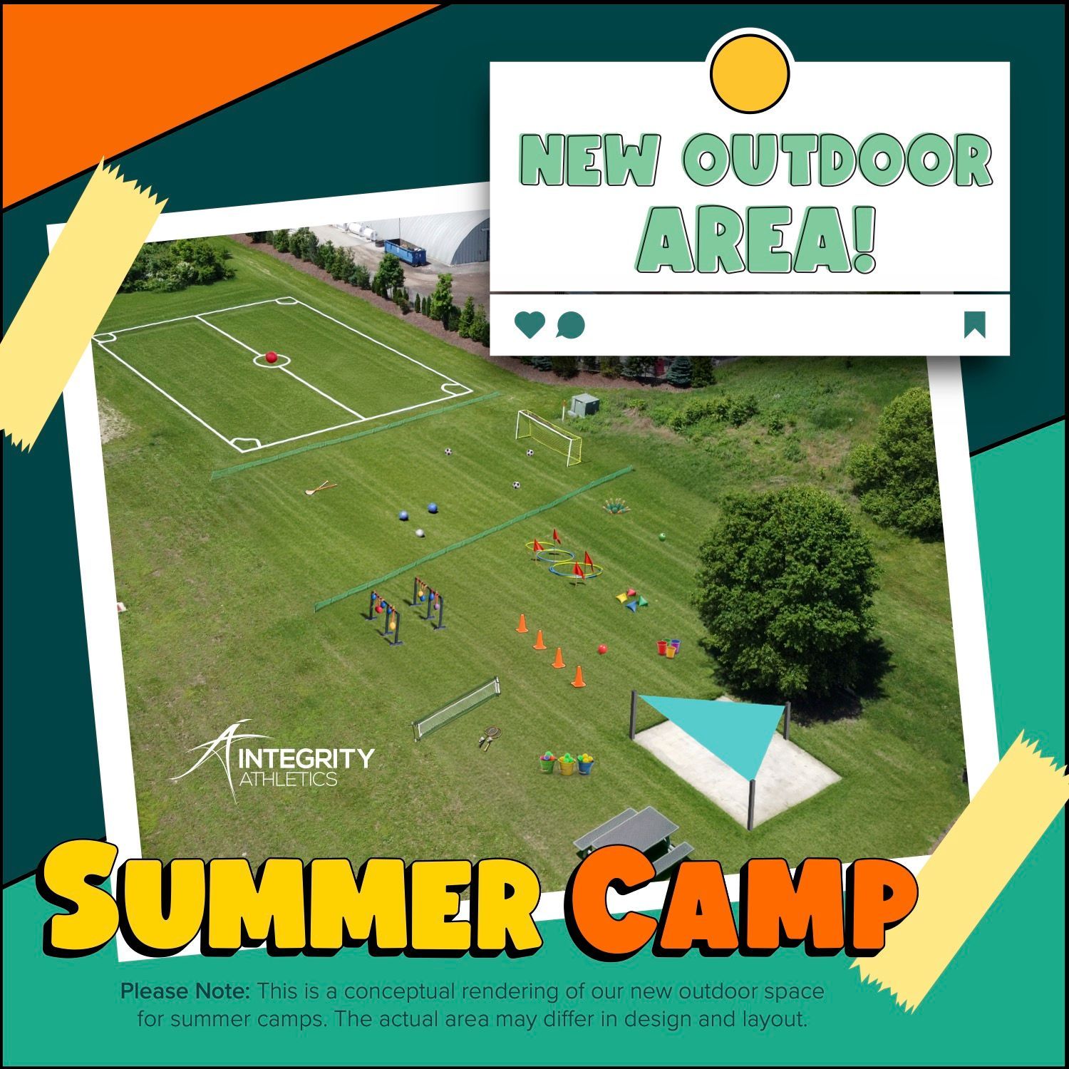 Summer camp flyer with aerial view of a green sports field and “New Outdoor Area” text.