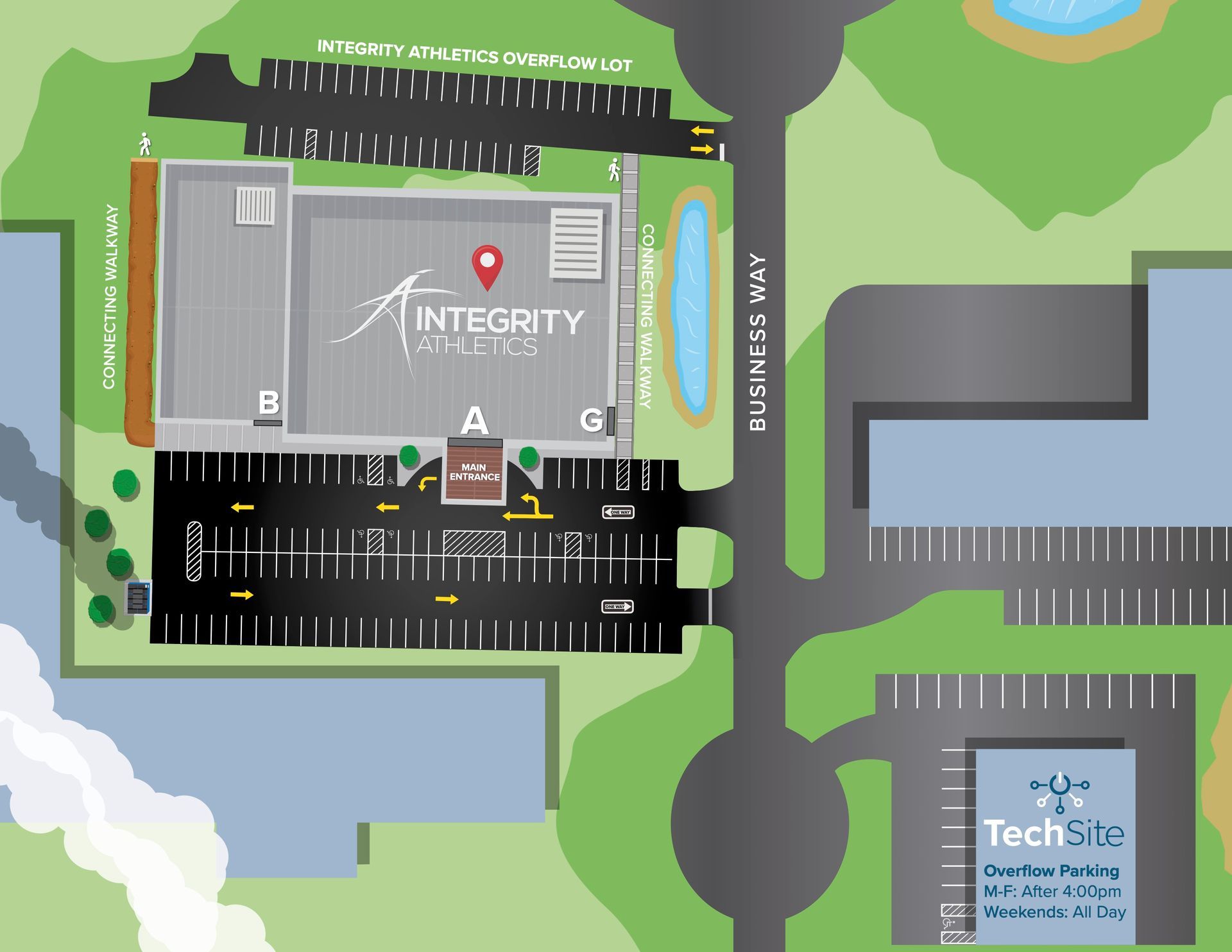 Aerial map of a parking lot, roads, and buildings, including an Integrity office and nearby TechSaaS building.