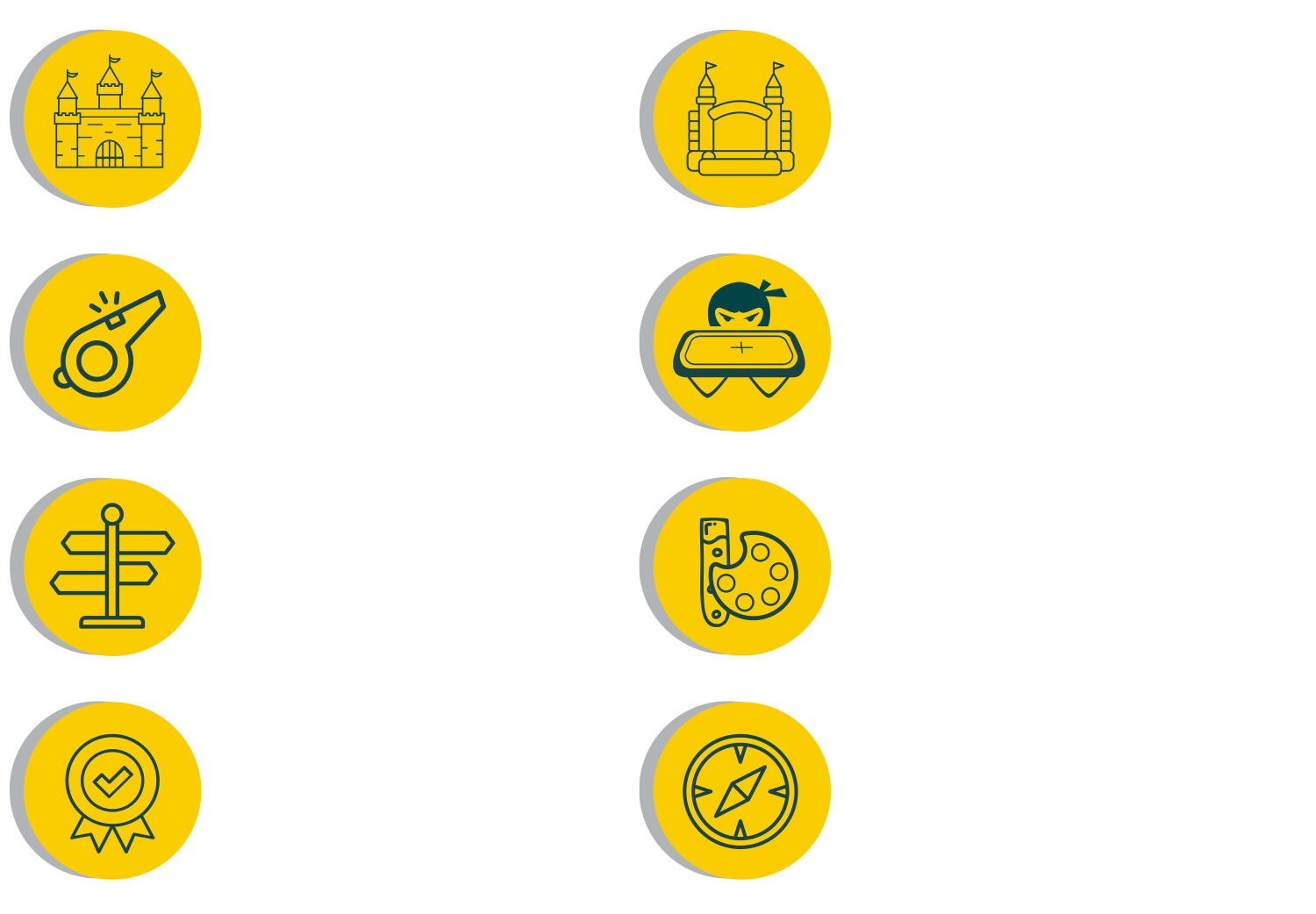 Eight yellow circular service icons in two columns on a white background.
