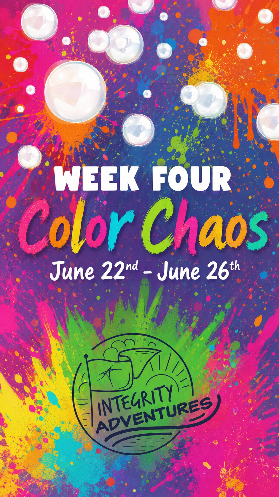 Colorful poster for “Week Four: Superheroes,” June 23rd–27th, with comic-style panels and “Integrity Adventures” logo