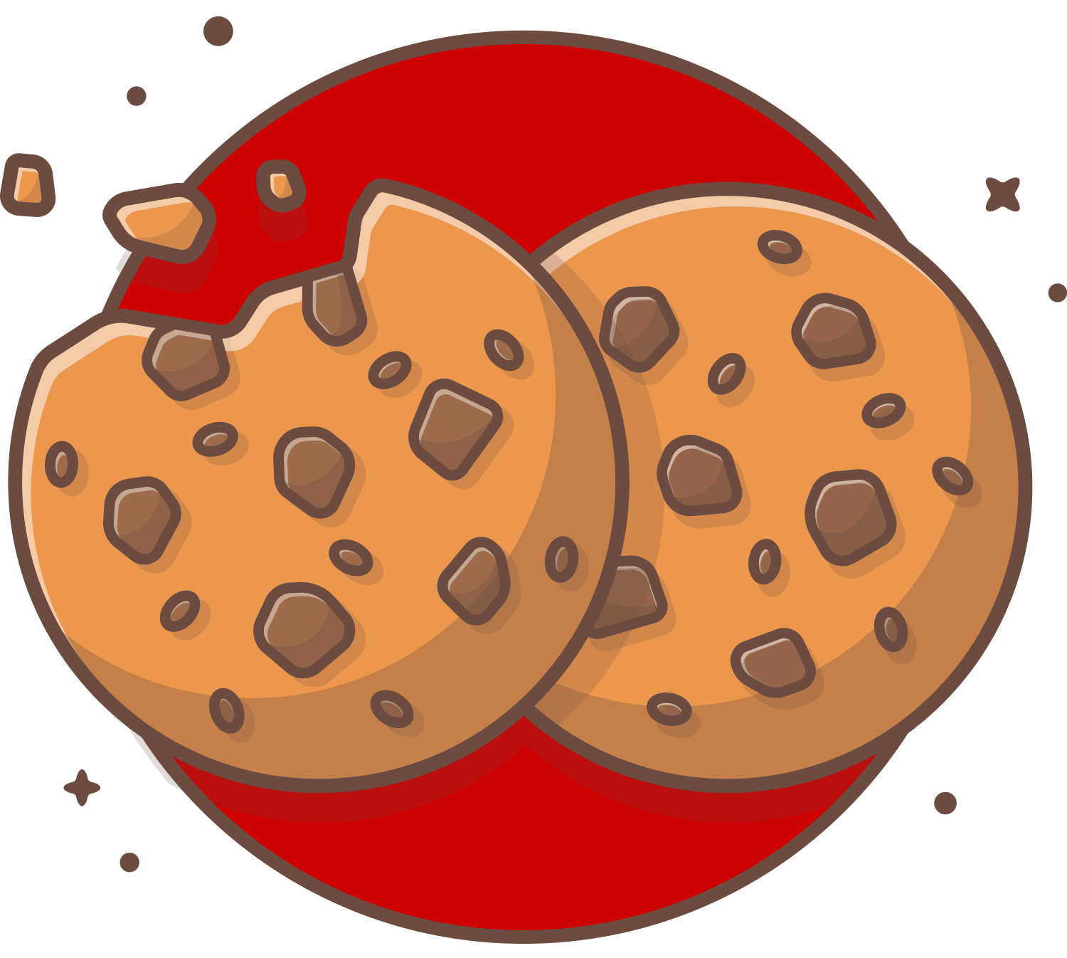 Two chocolate chip cookies overlapping on a red circle background