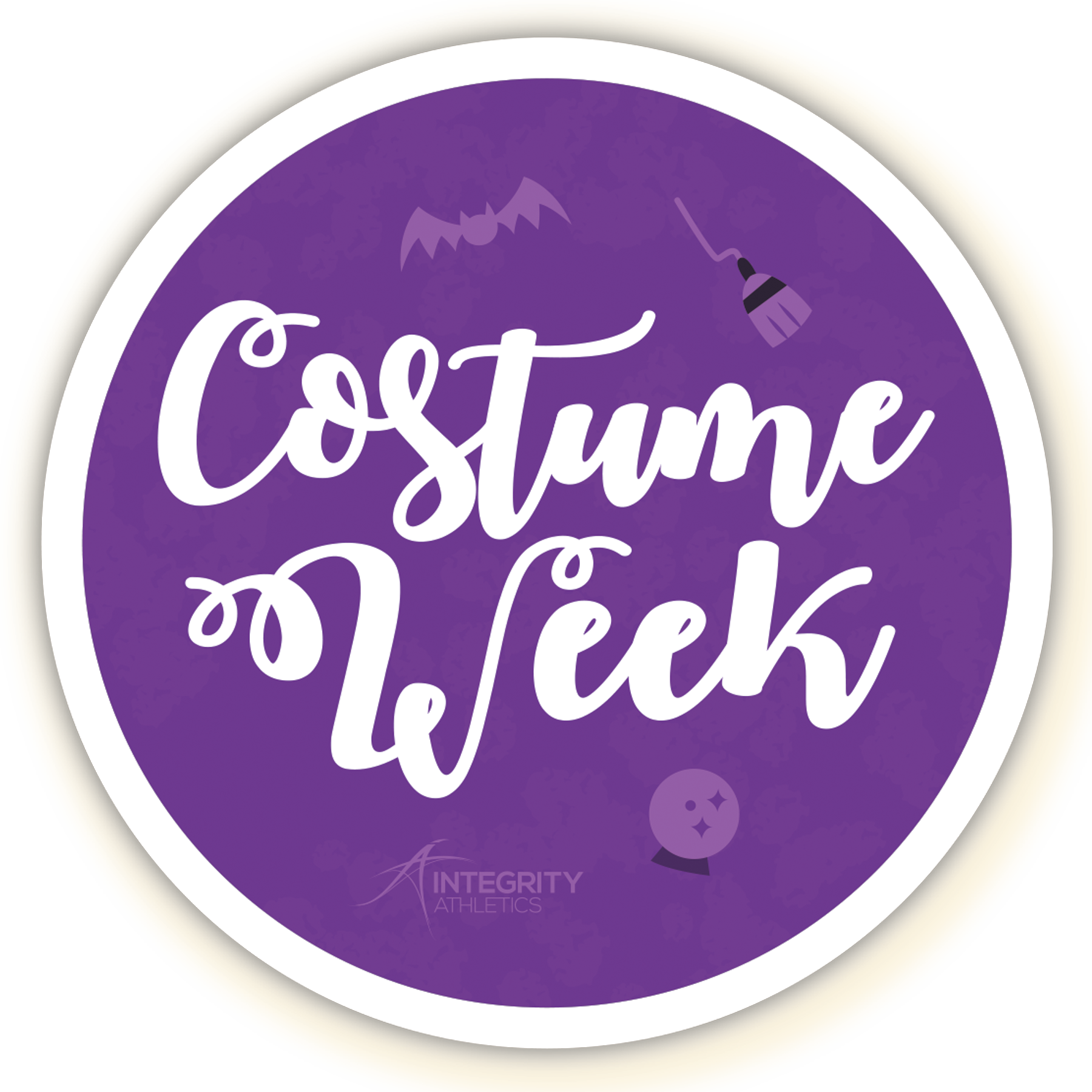 Purple circular “Costume Week” logo with white script and small costume icons