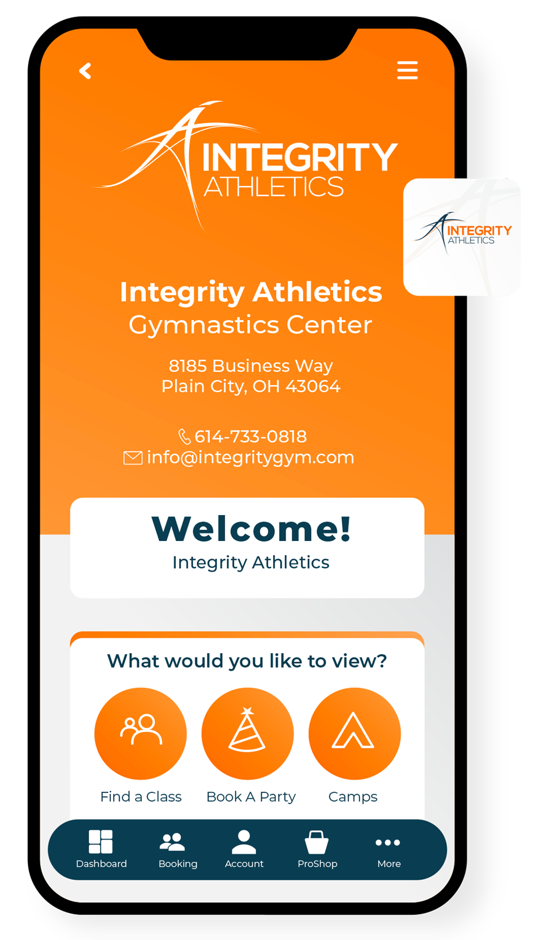 Integrity Athletics Gymnastics Center app screen with orange header and welcome options on a phone