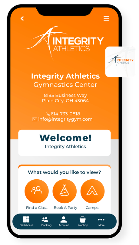 Orange app screen for Integrity Athletics Gymnastics Center with welcome message and activity icons