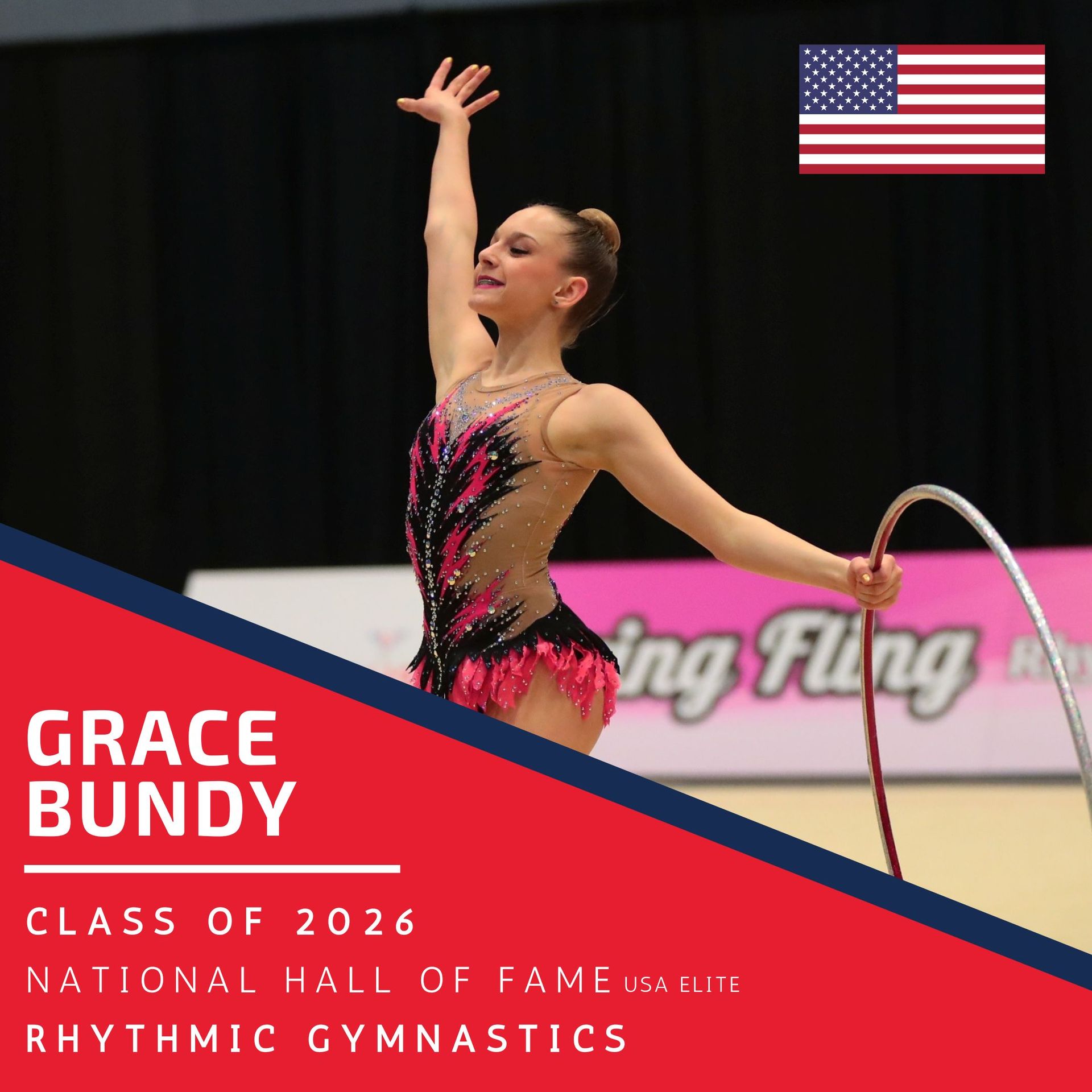 Grace Bundy performing rhythmic gymnastics with hoop; U.S. flag and “Class of 2026 National Hall of Fame” text.