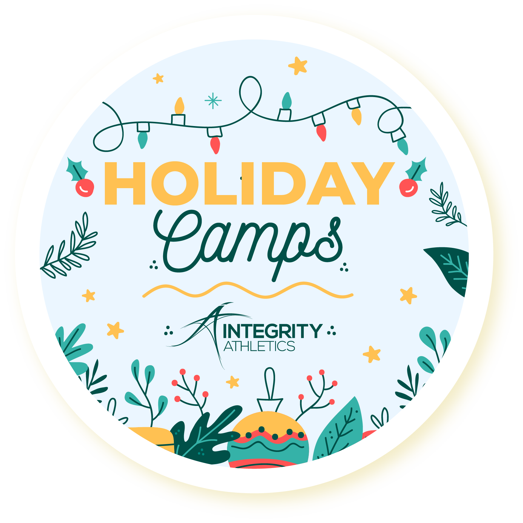 Holiday Camps logo in teal and orange with festive string lights and leaves on a white circle, Integrity Alliances branding