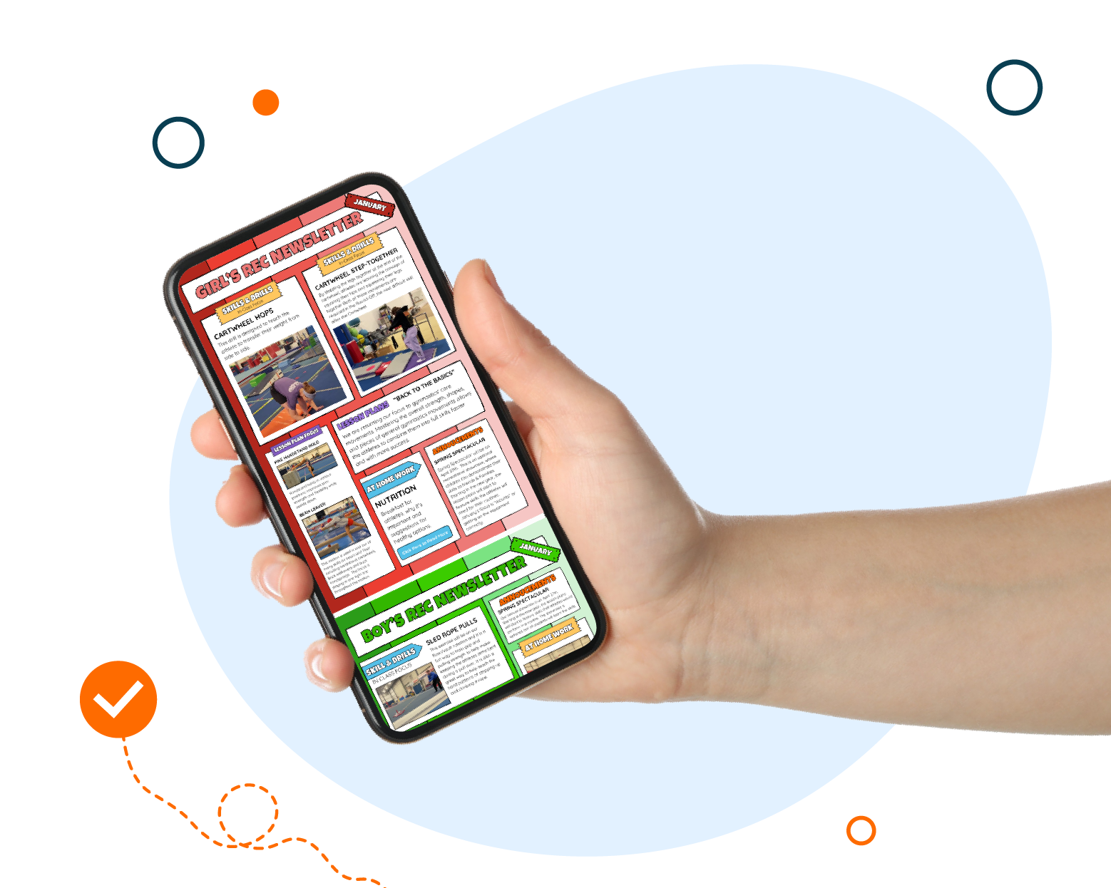Hand holding a smartphone with a colorful news-style webpage on screen over a light blue background