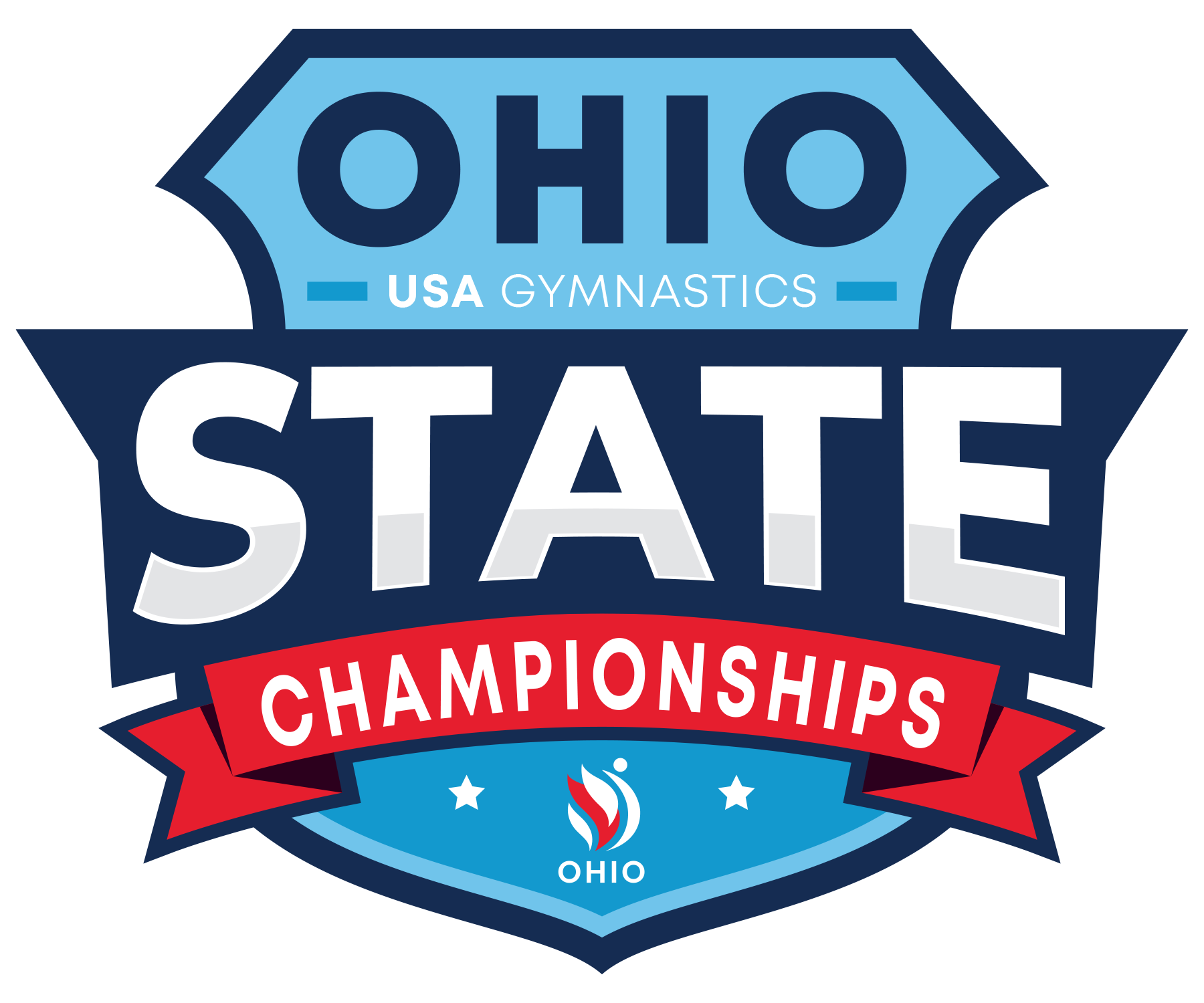 Ohio USA Gymnastics State Championships logo in blue, white, and red