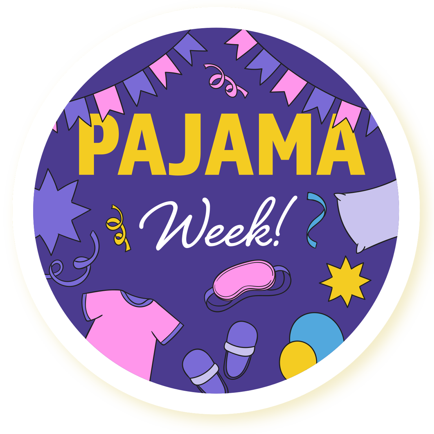 Purple pajama week badge with yellow “PAJAMA” text, white script “Week!”, and pajama icons