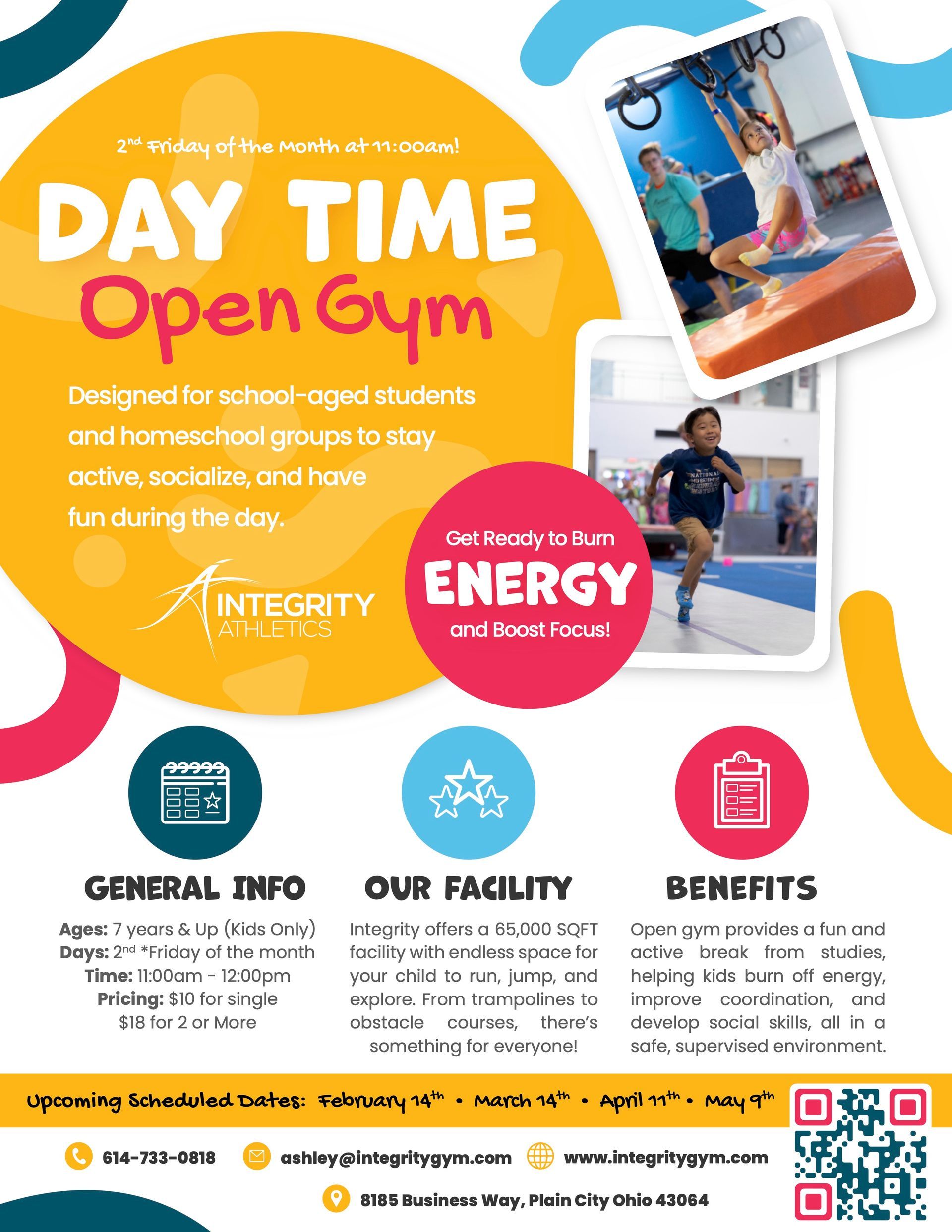 Day Time Open Gym flyer with orange and blue design, photos, and sections for info, facility, and benefits.