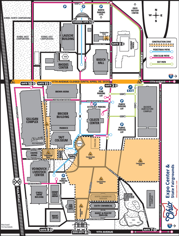 Color-coded campus site map with labeled buildings, roads, and parking areas.