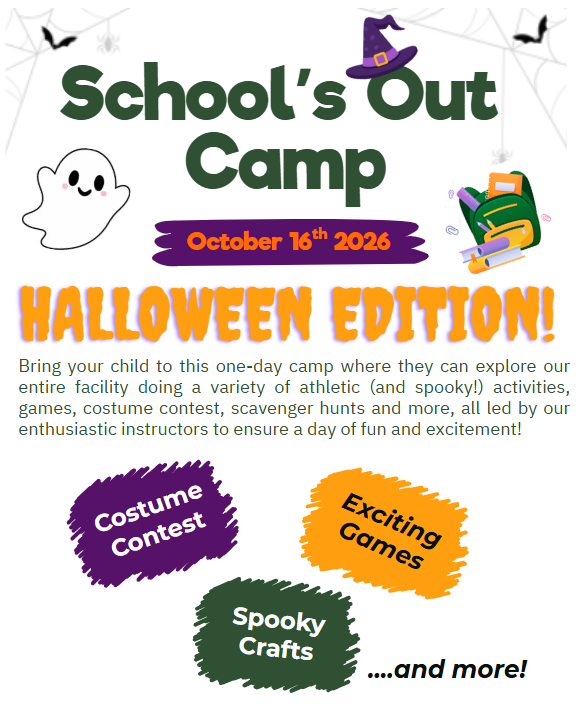 A poster for schools out camp this october half-day or full-day