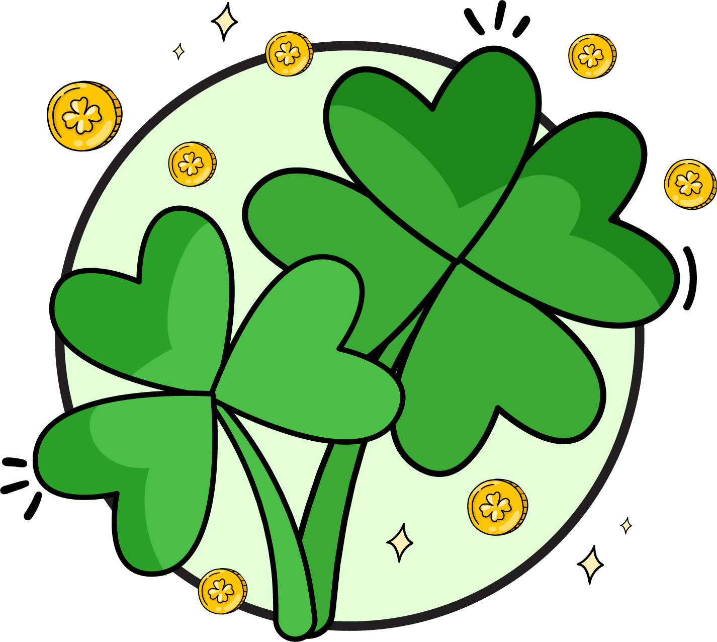 Two green four-leaf clovers with gold coins and sparkles on a pale green circle background