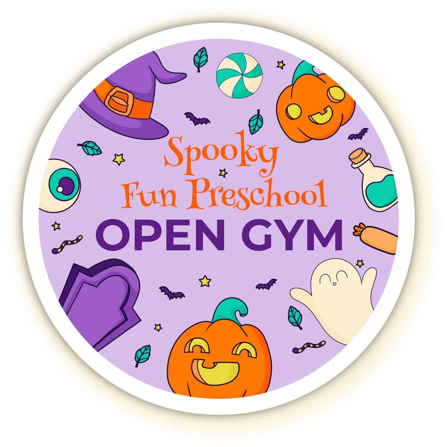 Spooky Fun Preschool Open Gym sign with Halloween pumpkins, witch hat, candies, and purple background