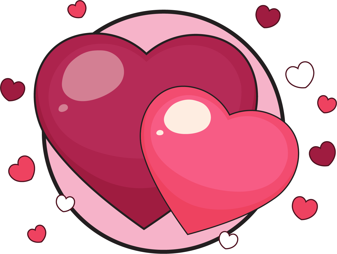 Pink and red layered hearts with small floating hearts around them