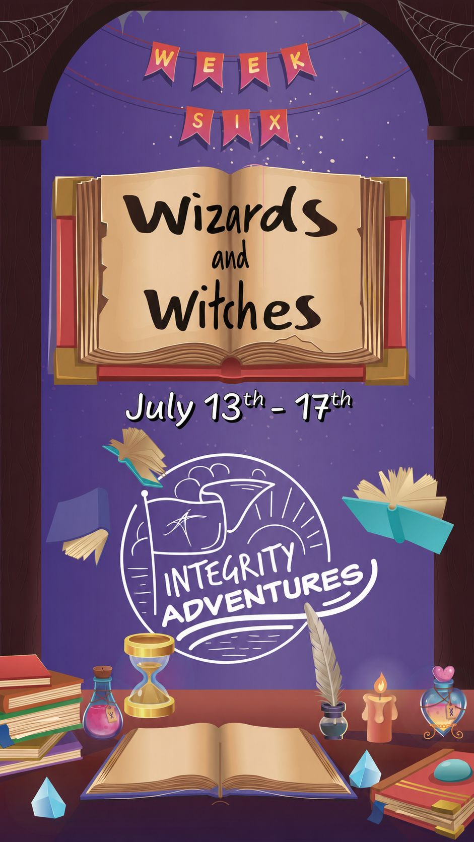 Purple poster advertising “Wizards and Witches” with July 14–18 dates and “Integrity Adventures” logo.