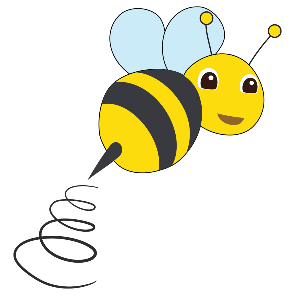 A cartoon bee is smiling and flying in the air