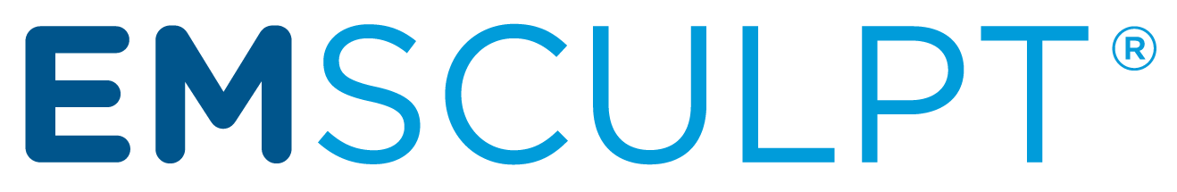 A blue logo for emsculpt on a white background