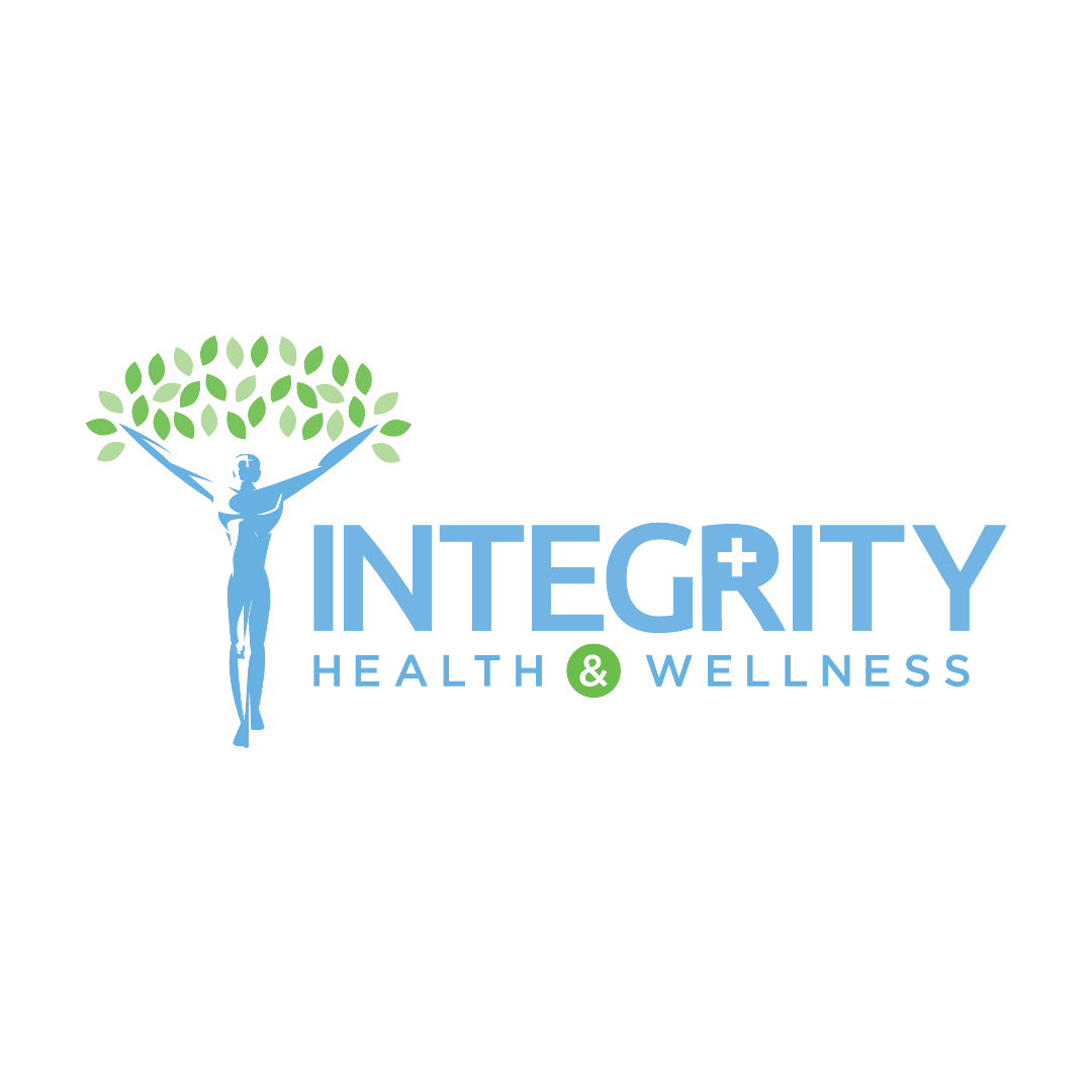 A logo for integrity health and wellness with a man holding a tree.