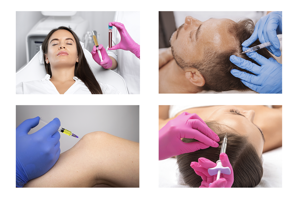 A collage of four pictures of a woman getting an injection and a man getting an injection.