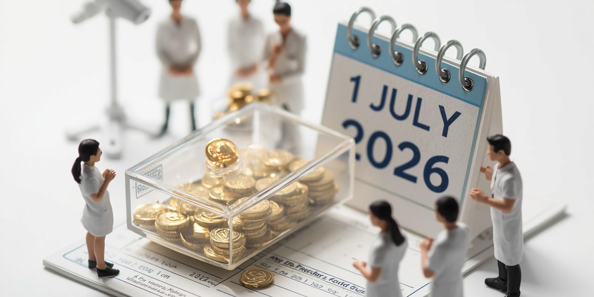 Calendar reading “1 JULY 2026” beside a transparent box of coins with miniature people around it
